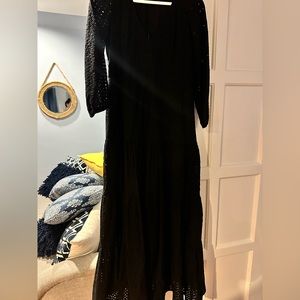 JCREW black embroidered black cotton midi dress. Size 8.